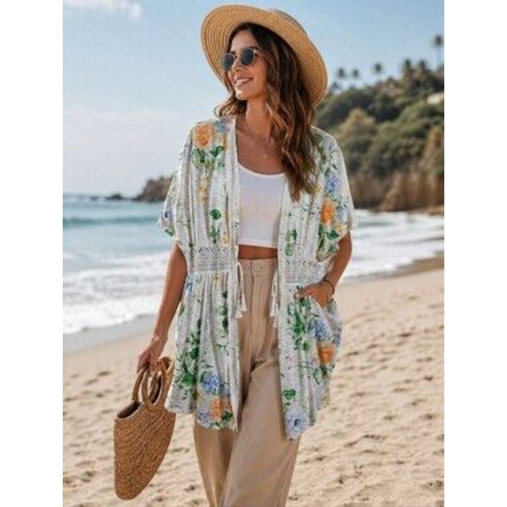 Cato Women's 18/20W Floral Print Knit Swim Cover Up Tie Front Short Sleeve